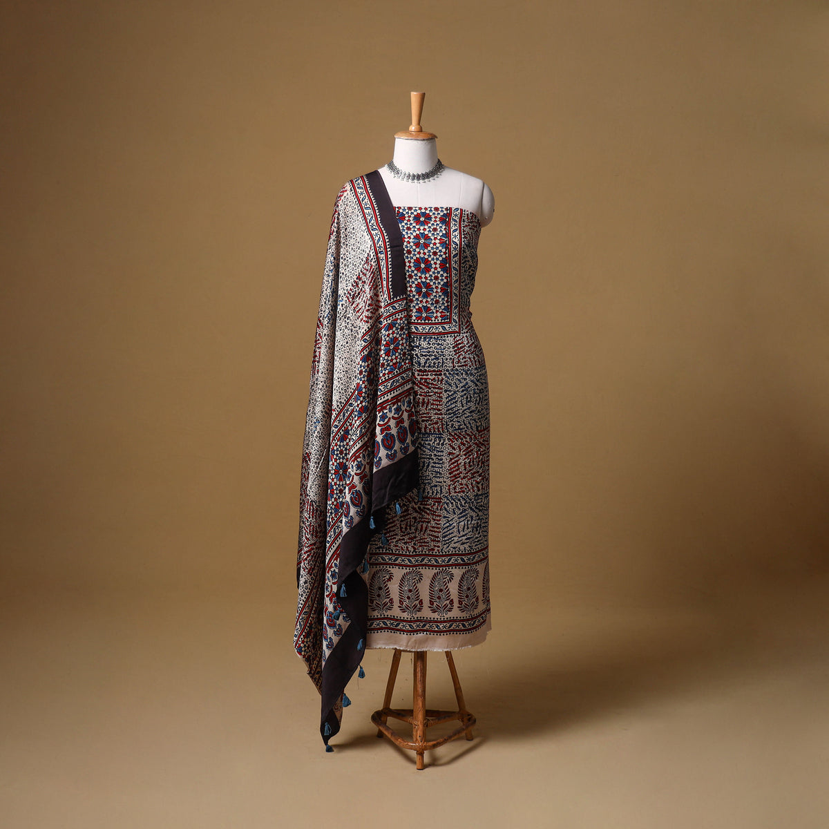 Ajrakh Hand Block Print Natural Dyed Modal Silk Unstitched Dress Material: Kurta with Dupatta 28