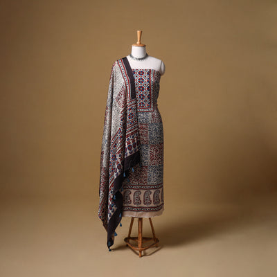 Ajrakh Hand Block Print Natural Dyed Modal Silk Unstitched Dress Material: Kurta with Dupatta 28