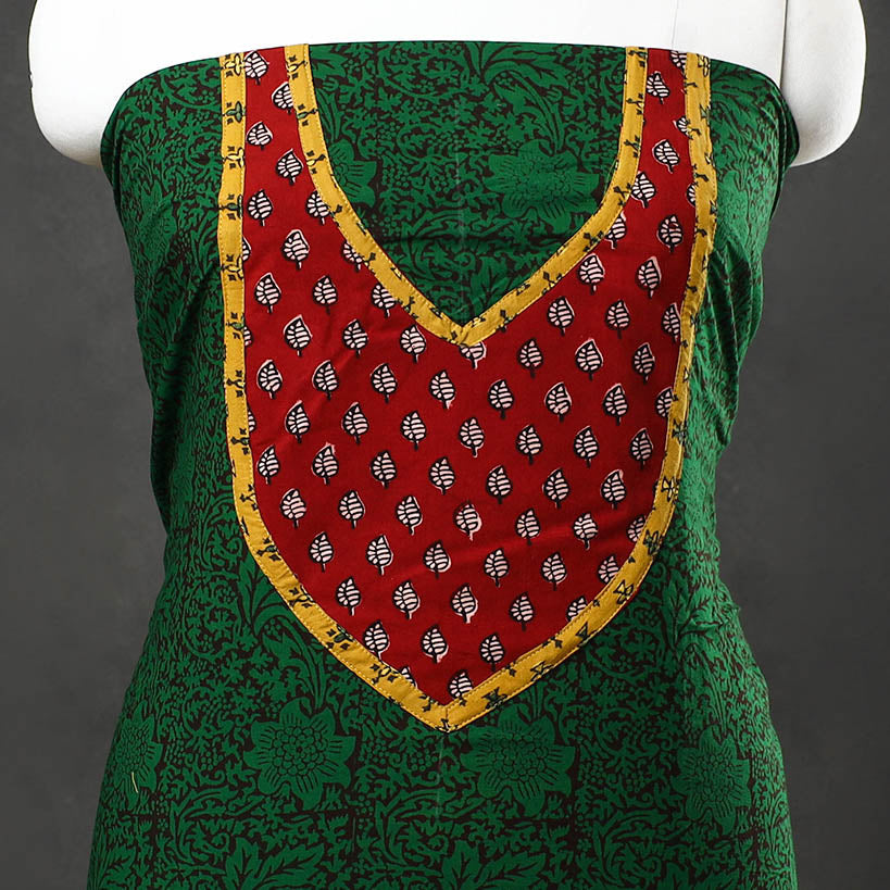 Green - Bagh Print Cotton Kurta Material with Patchwork (3.1m) 04