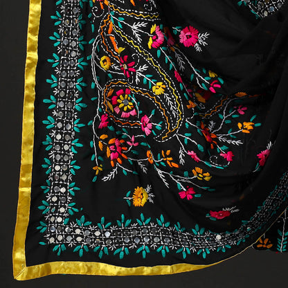 Black - 3pc Phulkari Embroidery Chapa Work Georgette Suit Material Set 05