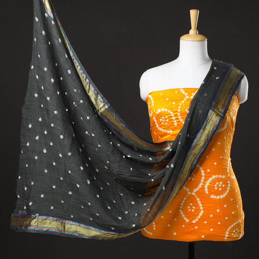 Orange - 3pc Kutch Bandhani Tie-Dye Satin Cotton Suit Material Set