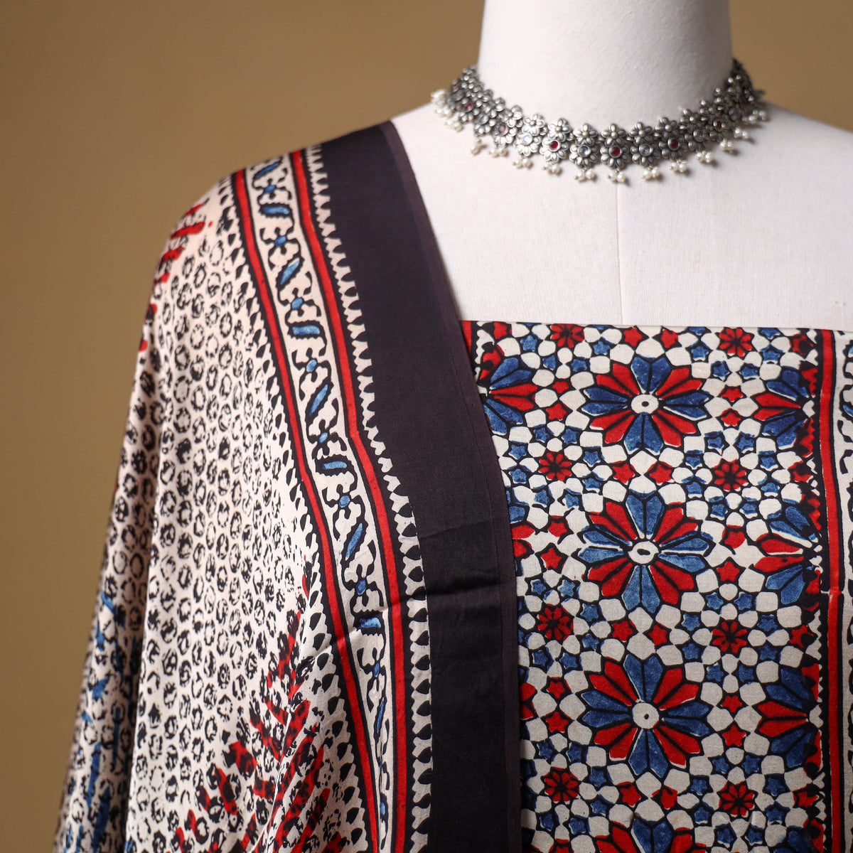 Ajrakh Hand Block Print Natural Dyed Modal Silk Unstitched Dress Material: Kurta with Dupatta 28