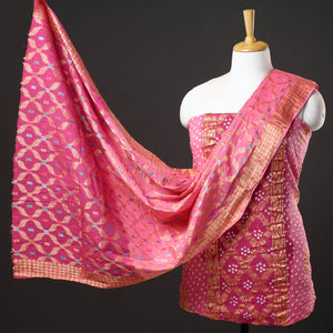 Pink - 3pc Kutch Bandhani Tie-Dye Gadwal Satin Cotton Suit Material Set 151