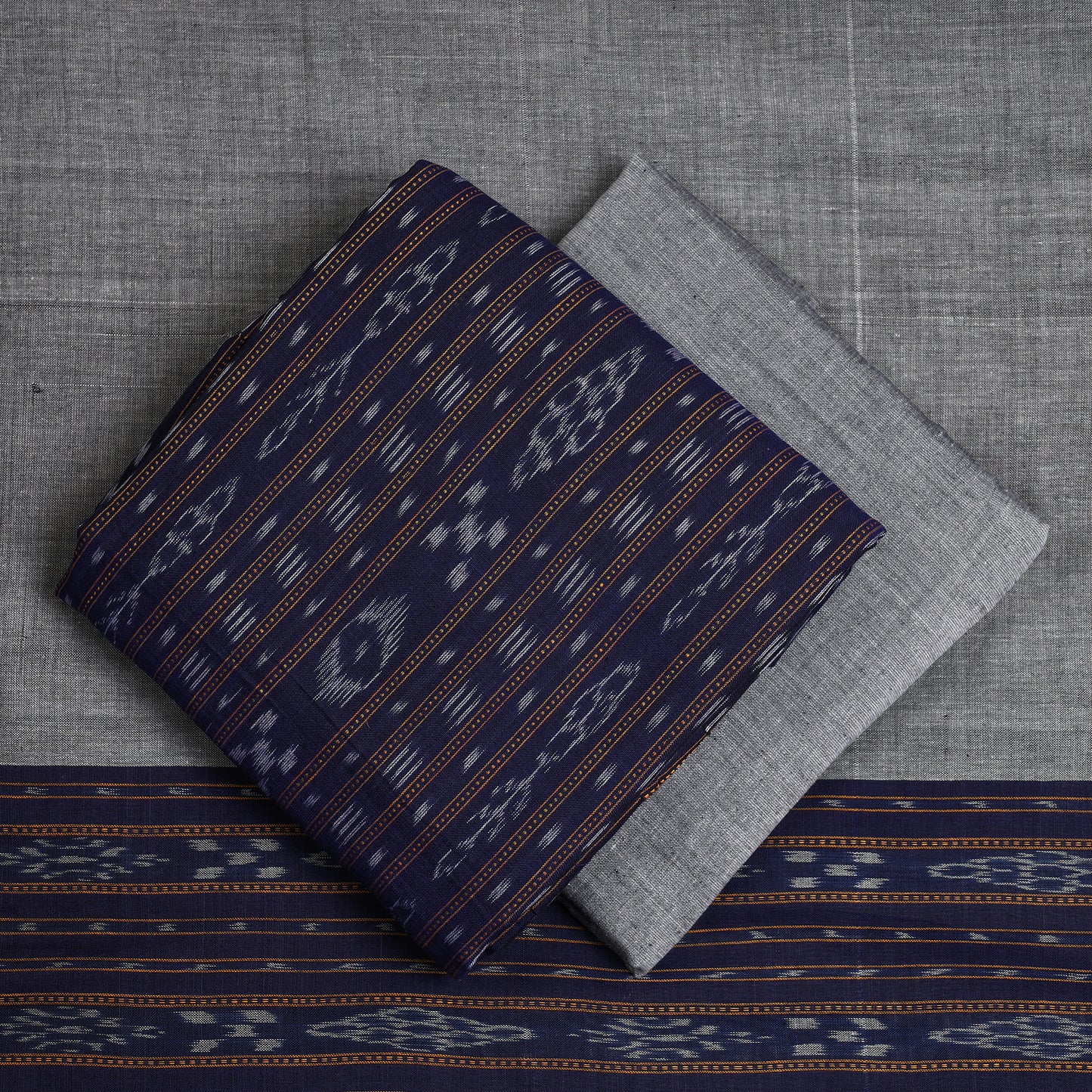 Blue - 3pc Sambalpuri Ikat Weave Handloom Cotton Suit Material Set 09