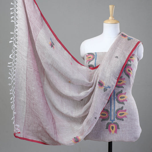 Purple - 2pc Phulia Jamdani Weave Handloom Linen Suit Material Set