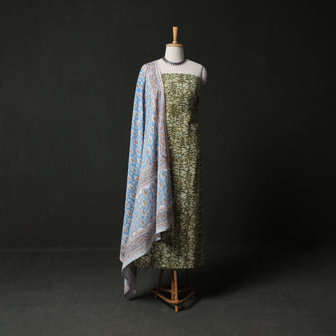 Hand Block Batik Print Cotton 2pc Unstitched Dress Material Kurta Set with Earrings 08