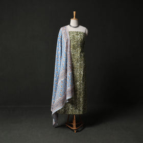 Hand Block Batik Print Cotton 2pc Unstitched Dress Material Kurta Set with Earrings 08