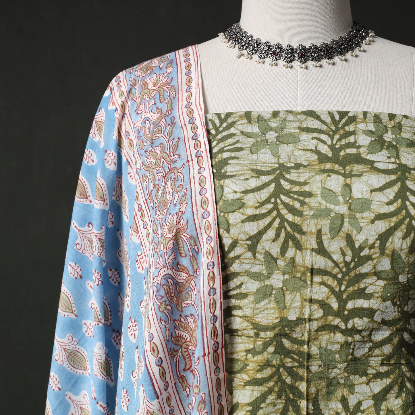 Hand Block Batik Print Cotton 2pc Unstitched Dress Material Kurta Set with Earrings 08