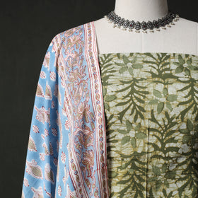 Hand Block Batik Print Cotton 2pc Unstitched Dress Material Kurta Set with Earrings 08