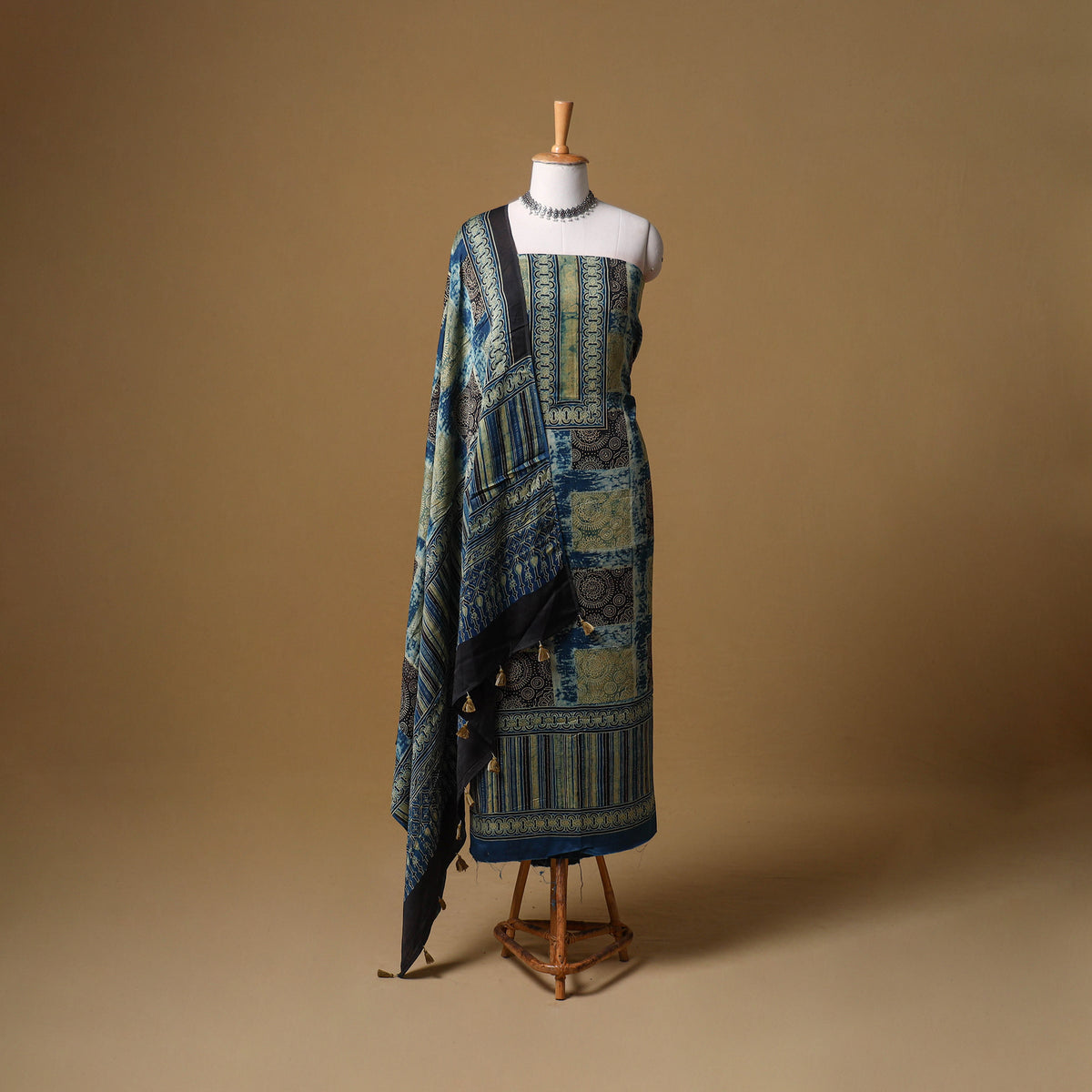 Ajrakh Hand Block Print Natural Dyed Modal Silk Unstitched Dress Material: Kurta with Dupatta 29