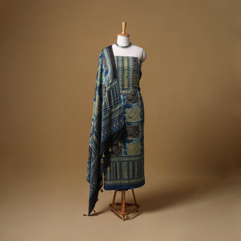 Ajrakh Hand Block Print Natural Dyed Modal Silk Unstitched Dress Material: Kurta with Dupatta 29
