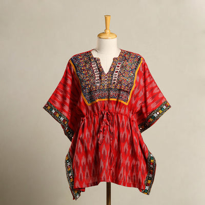 Red Ikat Cotton Kaftan with Desert Thread Embroidery (Short)