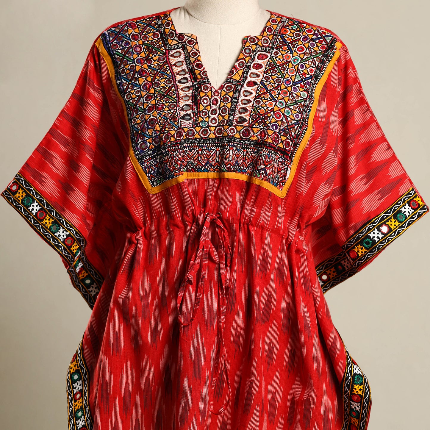 Red Ikat Cotton Kaftan with Desert Thread Embroidery (Short)