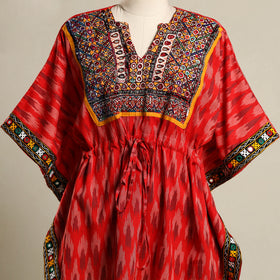 Red Ikat Cotton Kaftan with Desert Thread Embroidery (Short)
