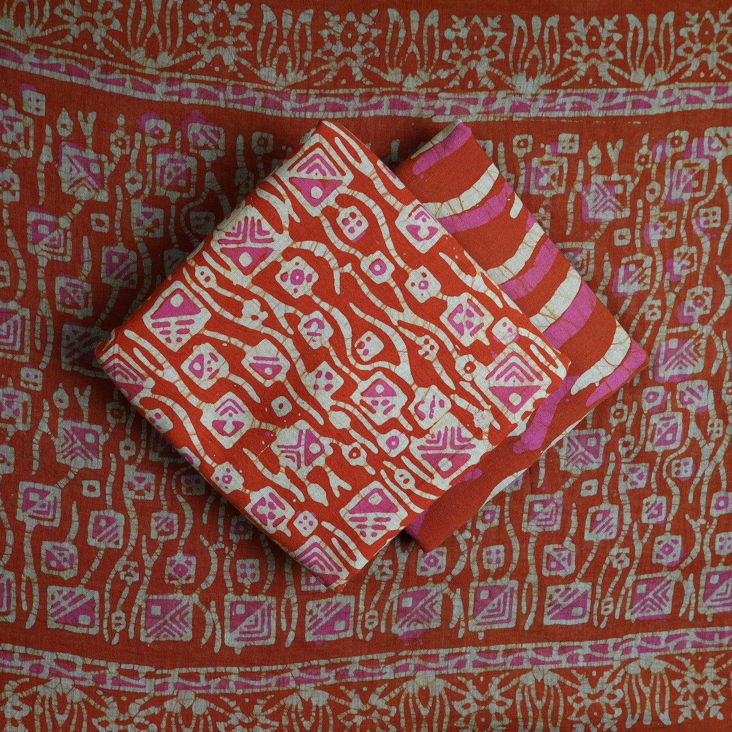 Orange - Kutch Print Cotton 3pc Batik Dress Material 22