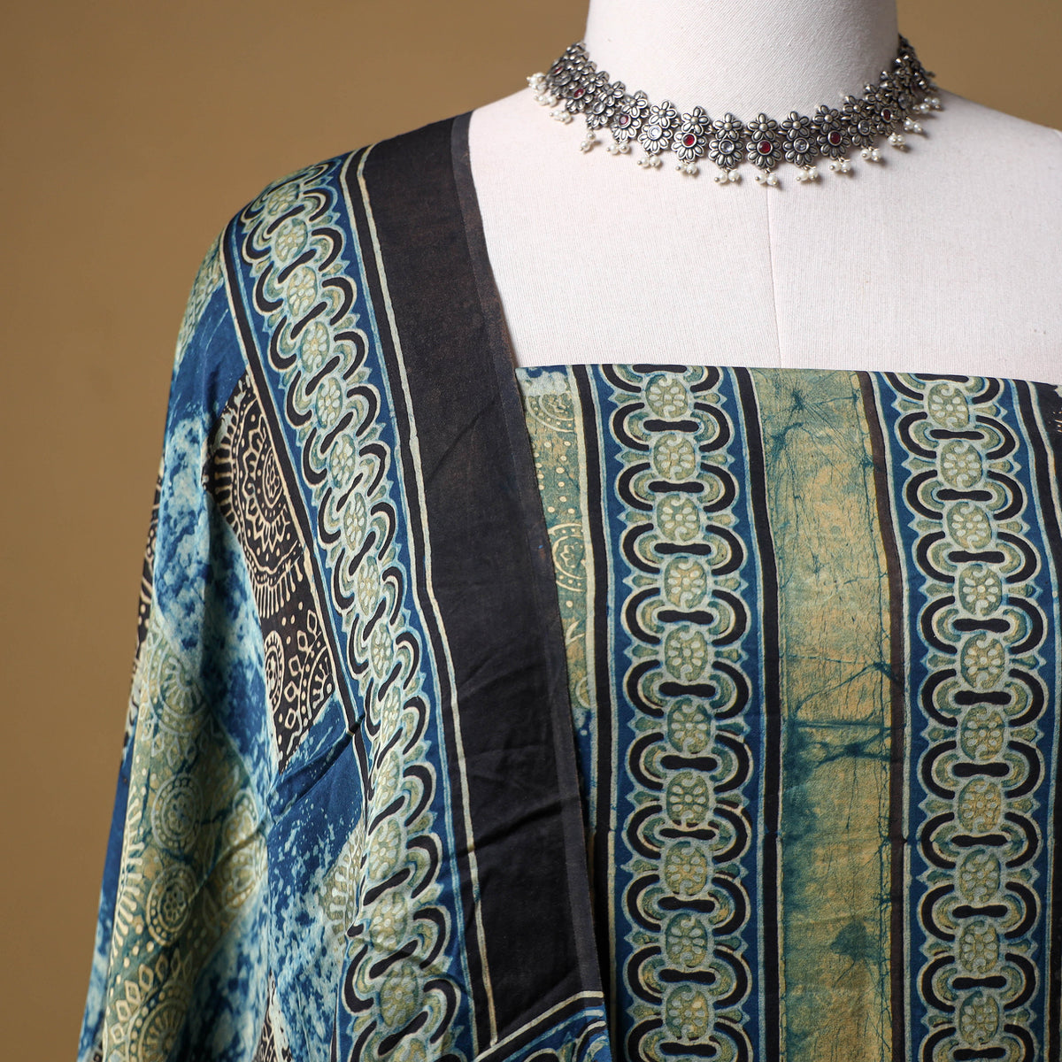 Ajrakh Hand Block Print Natural Dyed Modal Silk Unstitched Dress Material: Kurta with Dupatta 29