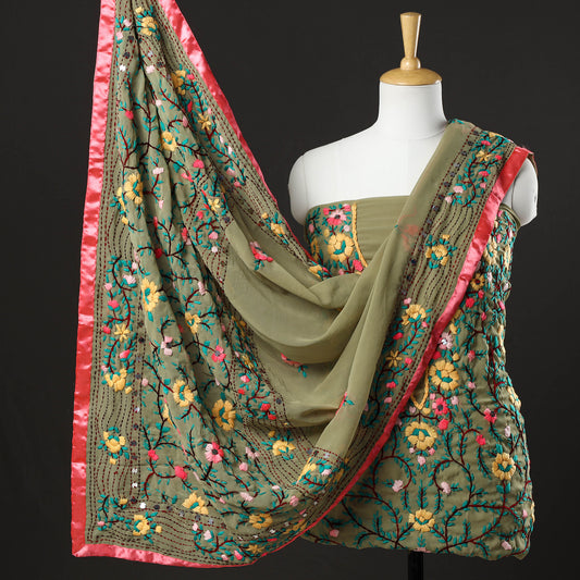 Green - 3pc Phulkari Embroidery Chapa Work Georgette Suit Material Set 07