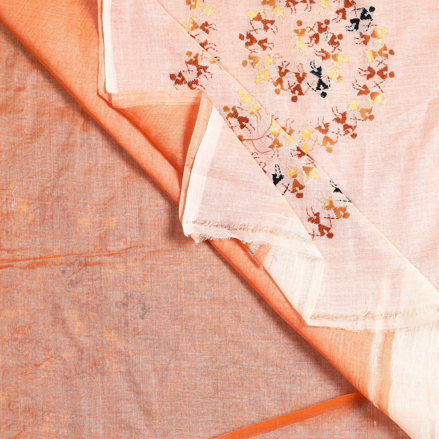 Peach - Bengal Kantha Hand Embroidery Tussar Silk Handloom Saree 37
