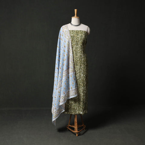 Hand Block Batik Print Cotton 2pc Unstitched Dress Material Kurta Set with Earrings 07