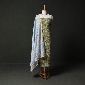 Hand Block Batik Print Cotton 2pc Unstitched Dress Material Kurta Set with Earrings 07