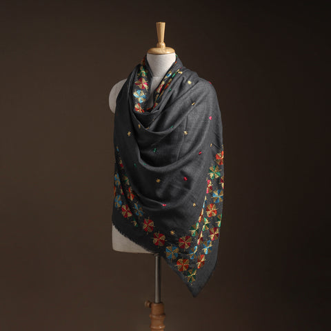 Black - Phulkari Hand Embroidered Wool Shawl 25