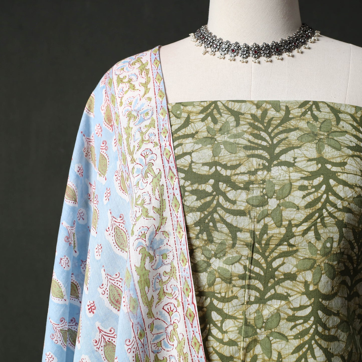 Hand Block Batik Print Cotton 2pc Unstitched Dress Material Kurta Set with Earrings 07