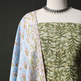 Hand Block Batik Print Cotton 2pc Unstitched Dress Material Kurta Set with Earrings 07