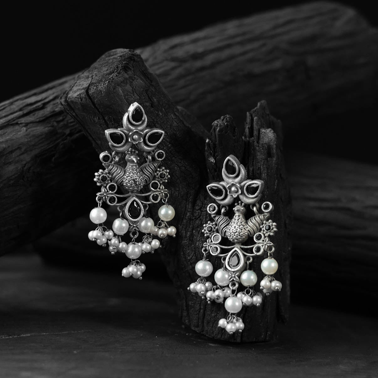 Black - saanjh bela peacock pearls oxidised earrings