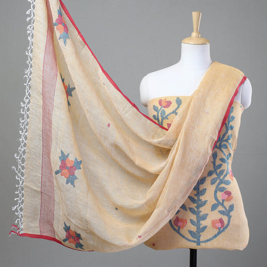 Beige - 2pc Phulia Jamdani Weave Handloom Linen Suit Material Set