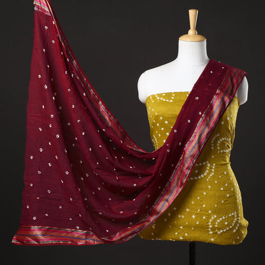 Yellow - 3pc Kutch Bandhani Tie-Dye Satin Cotton Suit Material Set