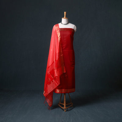 Handloom Maheshwari Silk Unstitched Dress Material: Kurta with Zari Buti Dupatta 17