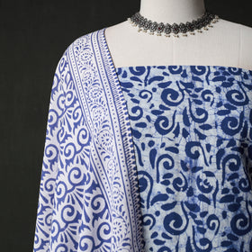 Hand Block Batik Print Cotton 2pc Unstitched Dress Material Kurta Set with Earrings 09