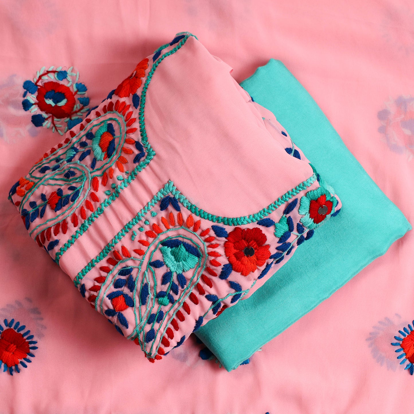 Pink - 3pc Phulkari Embroidery Chapa Work Georgette Suit Material Set 02