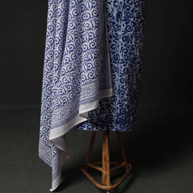 Hand Block Batik Print Cotton 2pc Unstitched Dress Material Kurta Set with Earrings 09