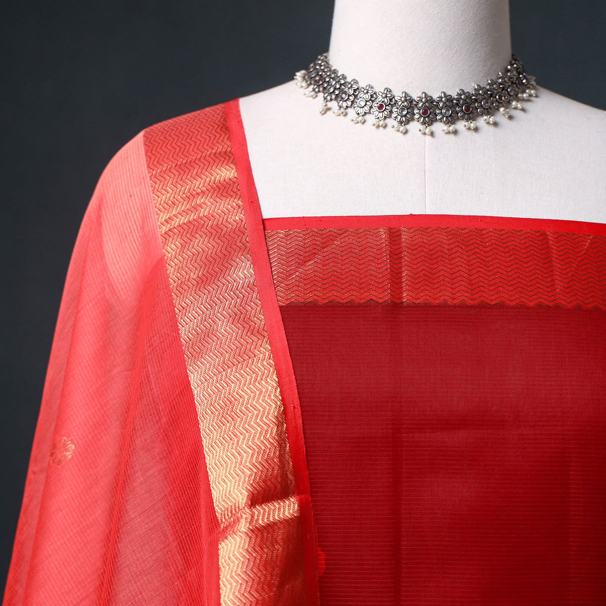 Handloom Maheshwari Silk Unstitched Dress Material: Kurta with Zari Buti Dupatta 17