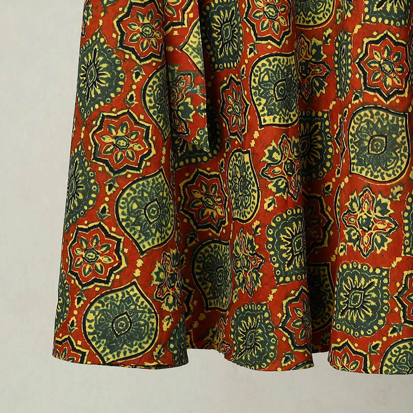 Orange - Block Print Cotton Wrap Around Ajrakh Skirt 16