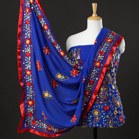 Blue - 3pc Phulkari Embroidery Chapa Work Georgette Suit Material Set 11