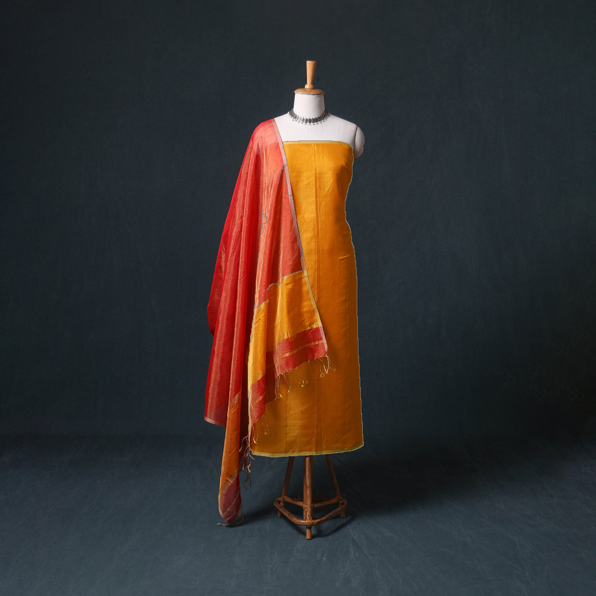 Handloom Maheshwari Silk Tissue Zari Unstitched Dress Material: Kurta with Dupatta 01