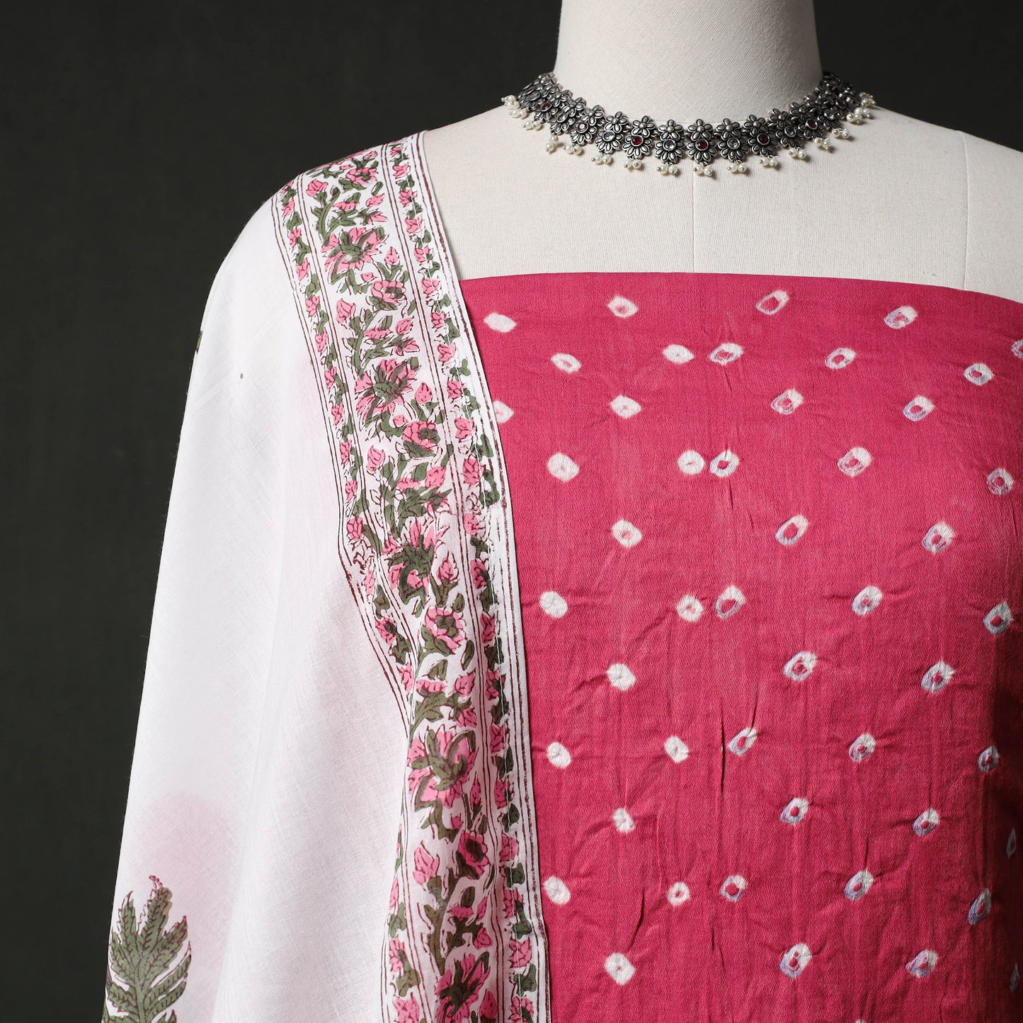 Kutch Bandhani Cotton 2pc Unstitched Dress Material Kurta Set with Earrings 10
