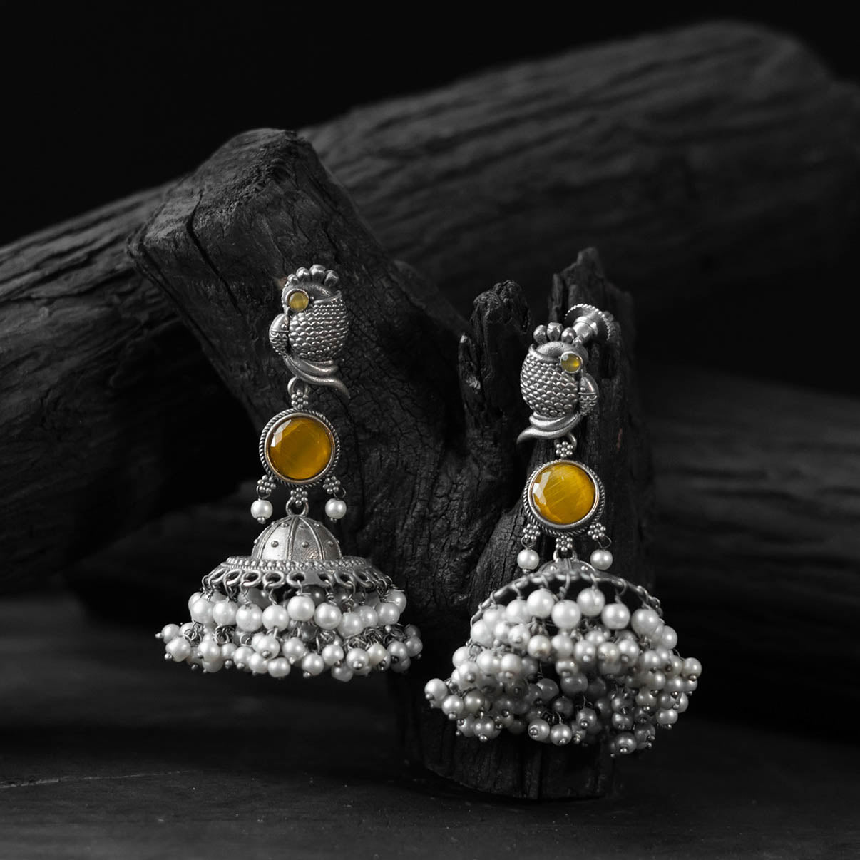 Yellow - saanjh bela peacock oxidised earrings - handcrafted
