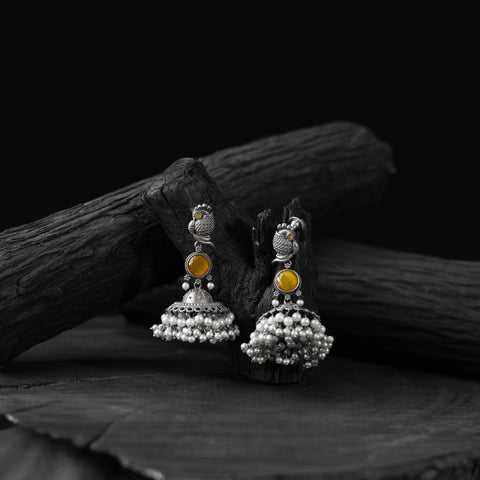 Yellow - saanjh bela peacock oxidised earrings - handcrafted