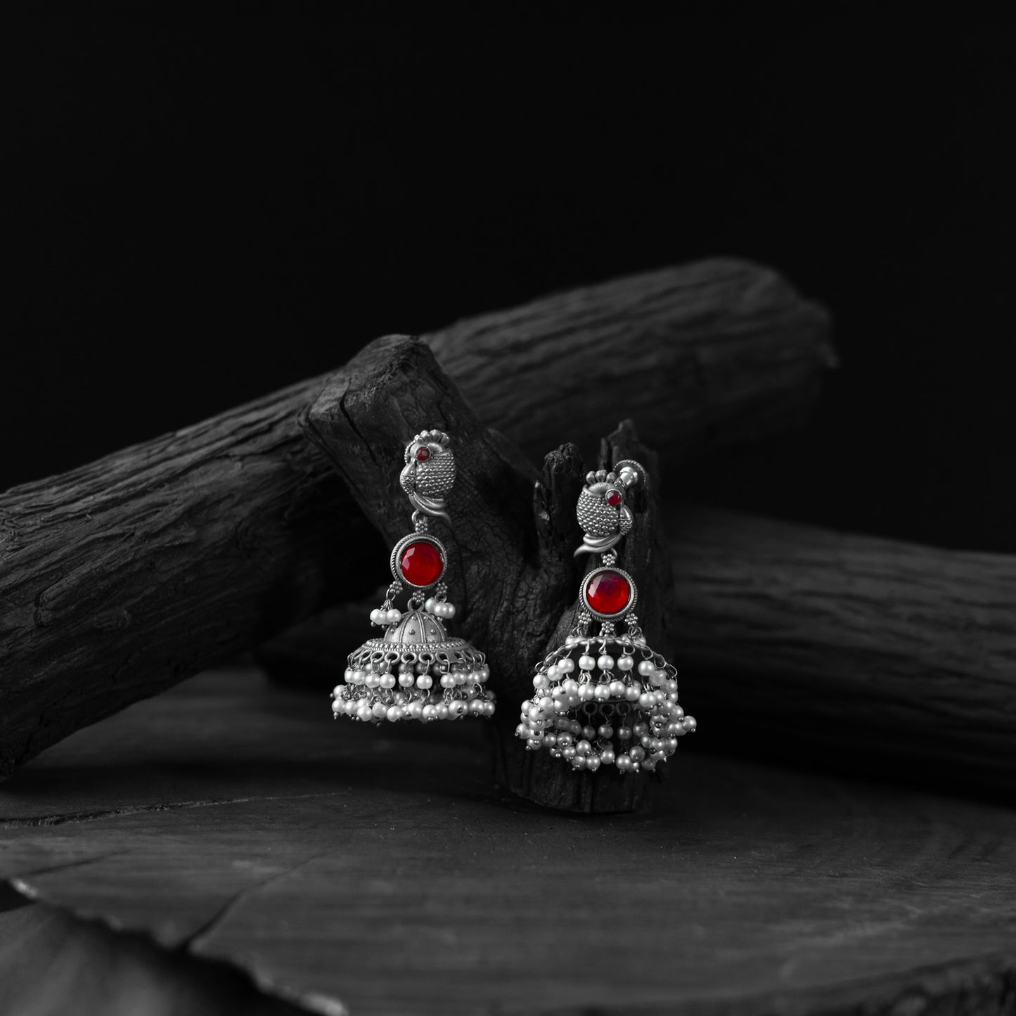 Red - saanjh bela peacock oxidised earrings - handcrafted
