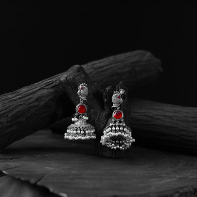 Red - saanjh bela peacock oxidised earrings - handcrafted