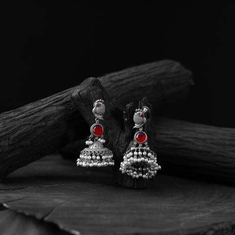 Red - saanjh bela peacock oxidised earrings - handcrafted