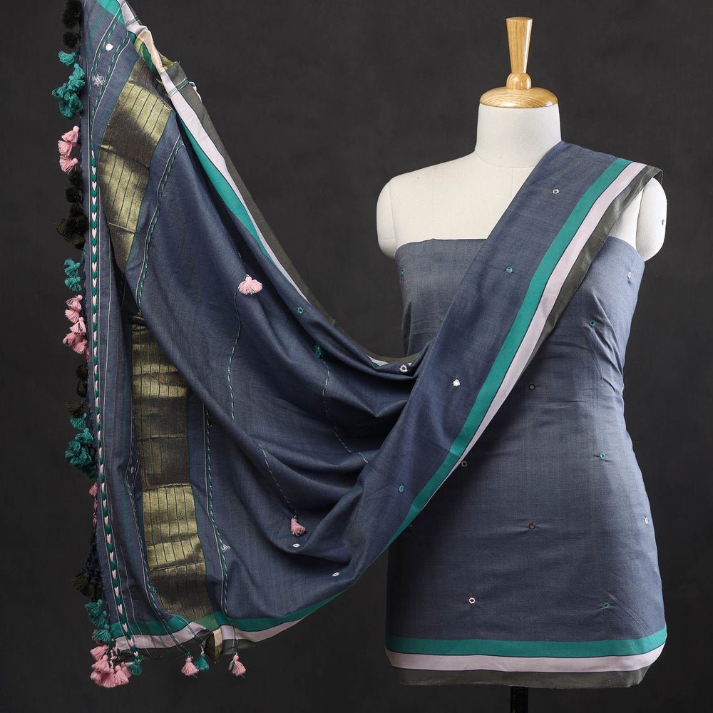 Blue - 3pc Bhujodi Mirror Work Handloom Cotton Suit Material Set 10