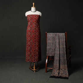 Red - Hand Block Print Natural Dyed Cotton Ajrakh 3pc Unstitched Dress Material Suit Set 09