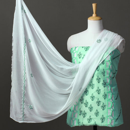 Green - 3pc Lucknow Chikankari Hand Embroidery Cotton Suit Material Set 10