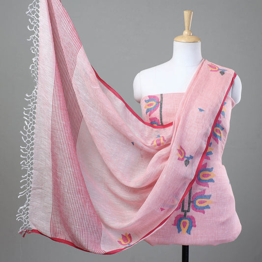 Pink - 2pc Phulia Jamdani Weave Handloom Linen Suit Material Set
