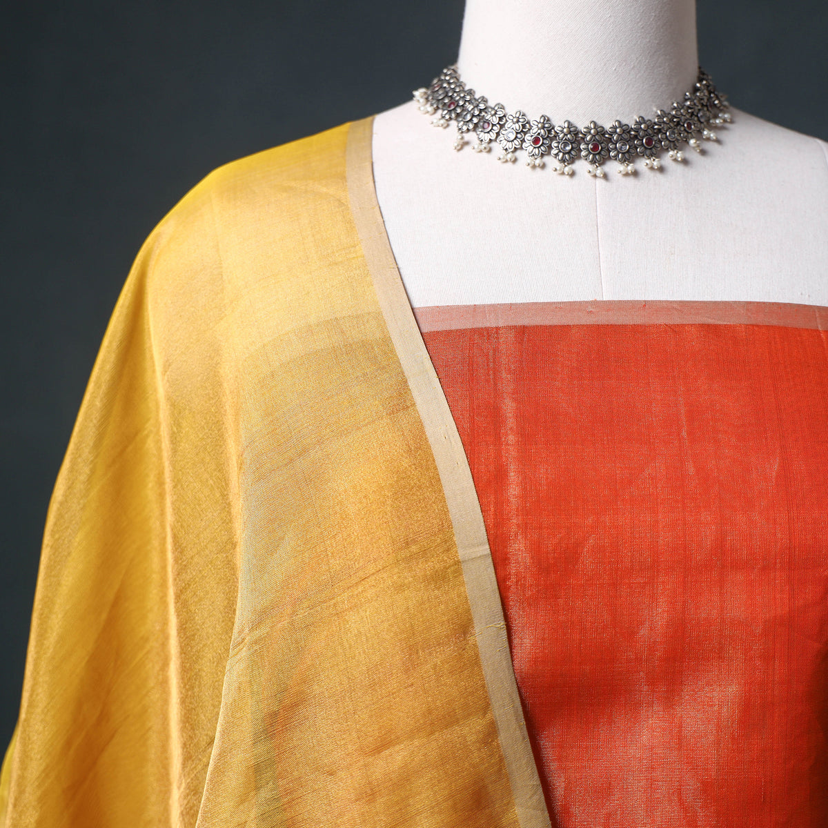 Handloom Maheshwari Silk Tissue Zari Unstitched Dress Material: Kurta with Dupatta 02