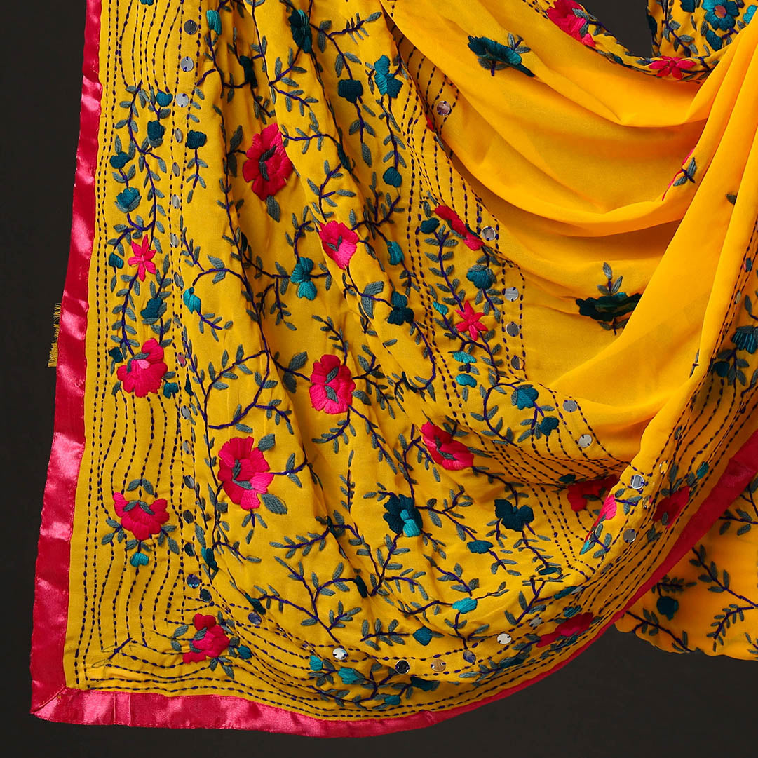Yellow - 3pc Phulkari Embroidery Chapa Work Georgette Suit Material Set 14